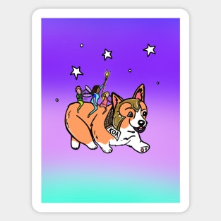 Magical Corgi running with fairies on his back Sticker